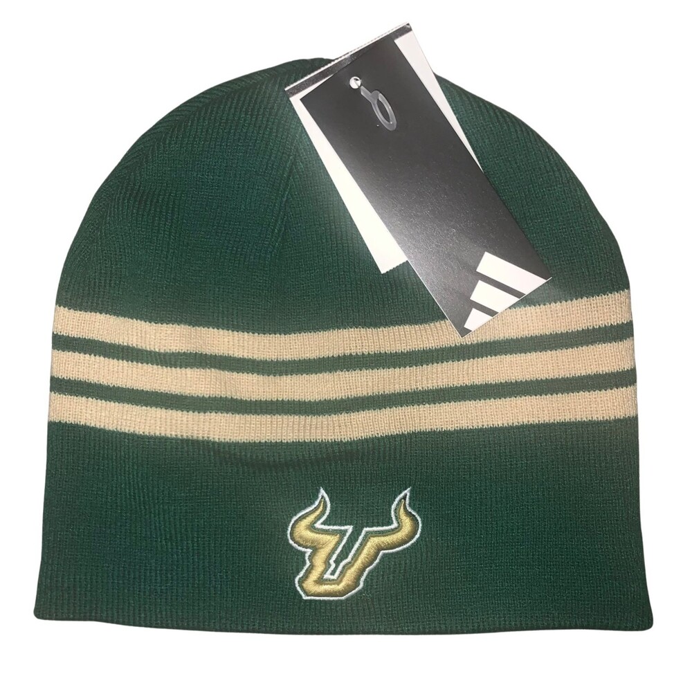 Adidas USF South Florida Bulls Beanie Hat Green Knit Striped NCAA Cap NWT